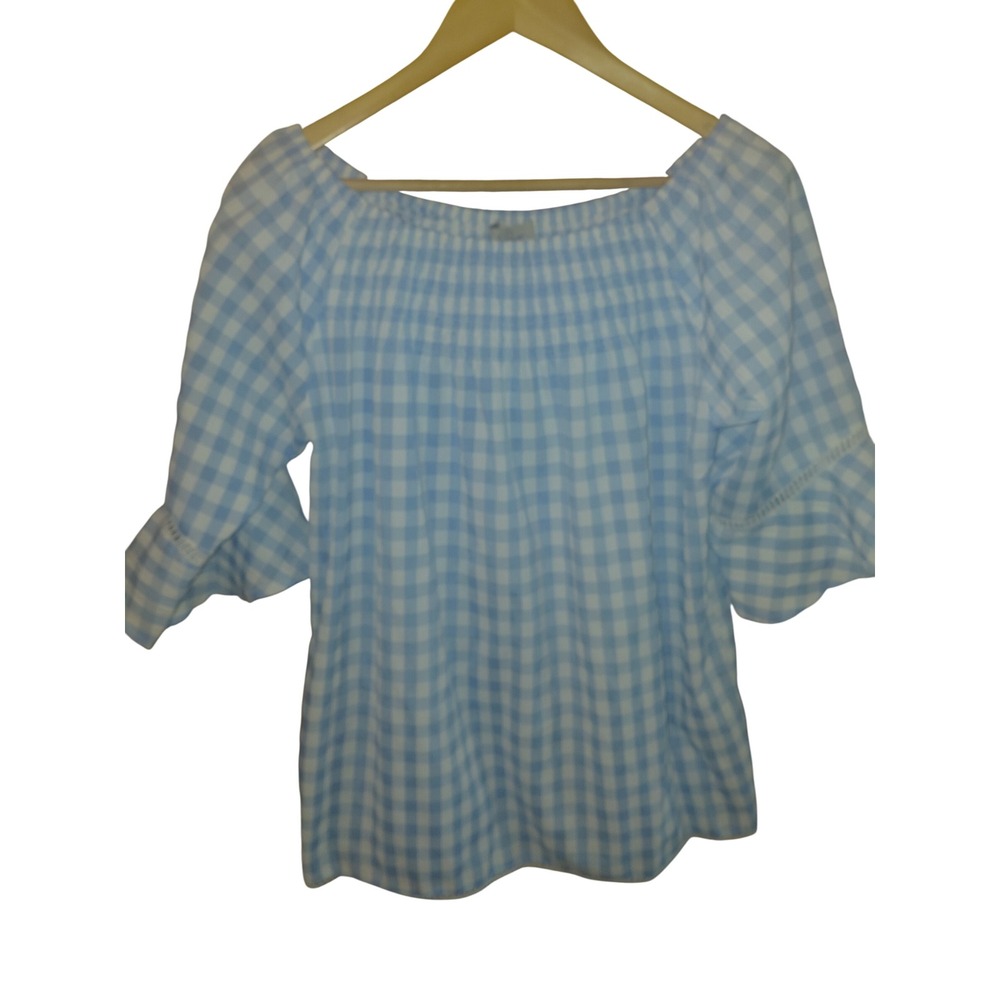 Charlie Paige Blue Gingham Smocked Off Shoulder Bell Sleeve Blouse Top Medium